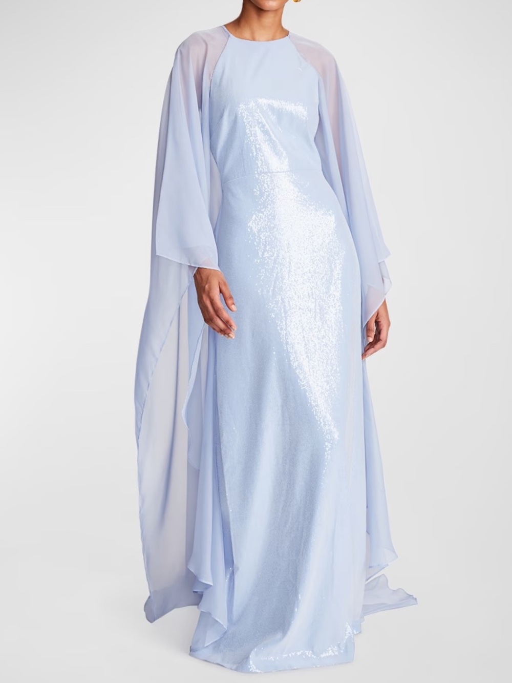 Halston Adira Sequin Cape Column Gown sky blue formal designer